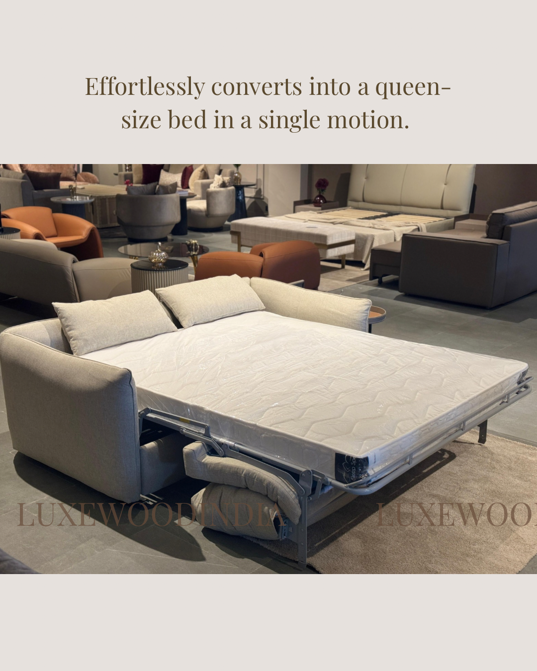 SOFA CUM BED WITH MATTRESS ( QUEEN SIZE ) - CREAM / JUTE